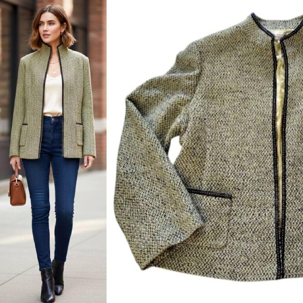 VTG Tahari Green Black Herringbone Tweed Open Front Blazer Plussize 18